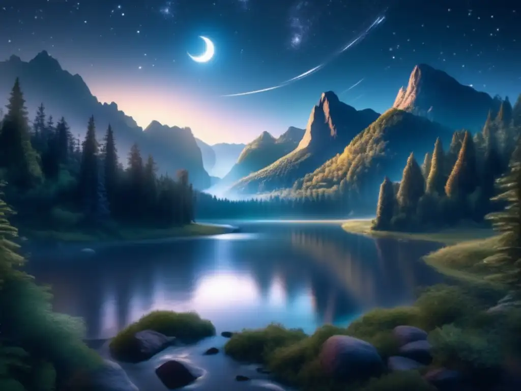 Majestuoso paisaje nocturno en el bosque Fotografía nocturna de paisajes naturales bajo la luna y las estrellas