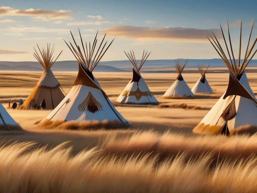 Paisaje pradera con indígenas acampando Técnicas acampada indígenas praderas americanas: paisaje 8k con pradera, teepees, indígenas, naturaleza y cultura