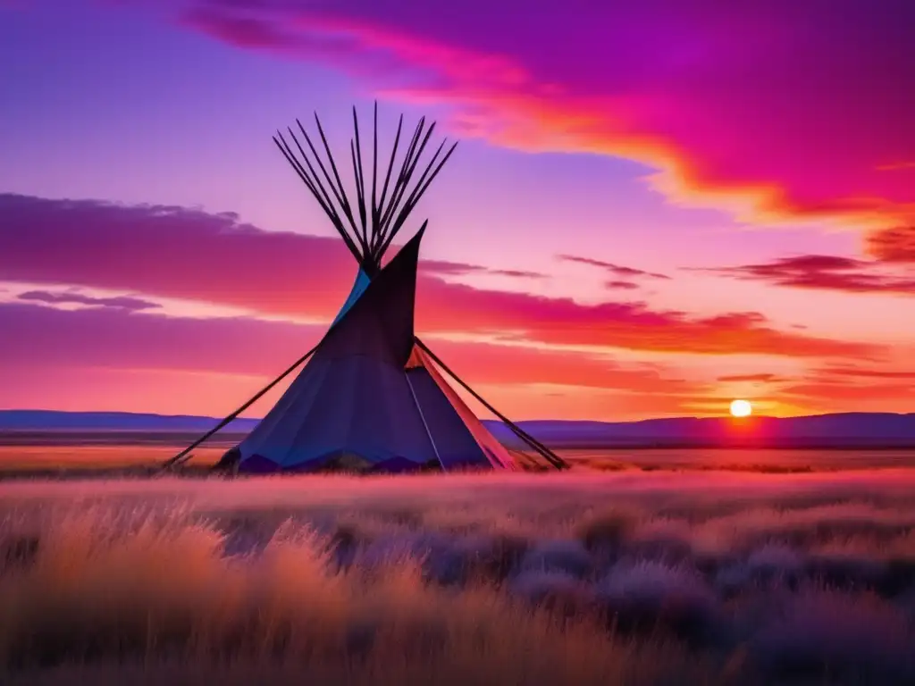 Hermoso atardecer en las praderas americanas con tipi indígena Tipis indígenas en praderas americanas: técnicas acampada y rica herencia cultural