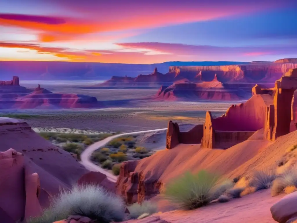 Paisaje sagrado de los Pueblo Indianos Senderismo en lugares sagrados indios Pueblo bajo el atardecer vibrante