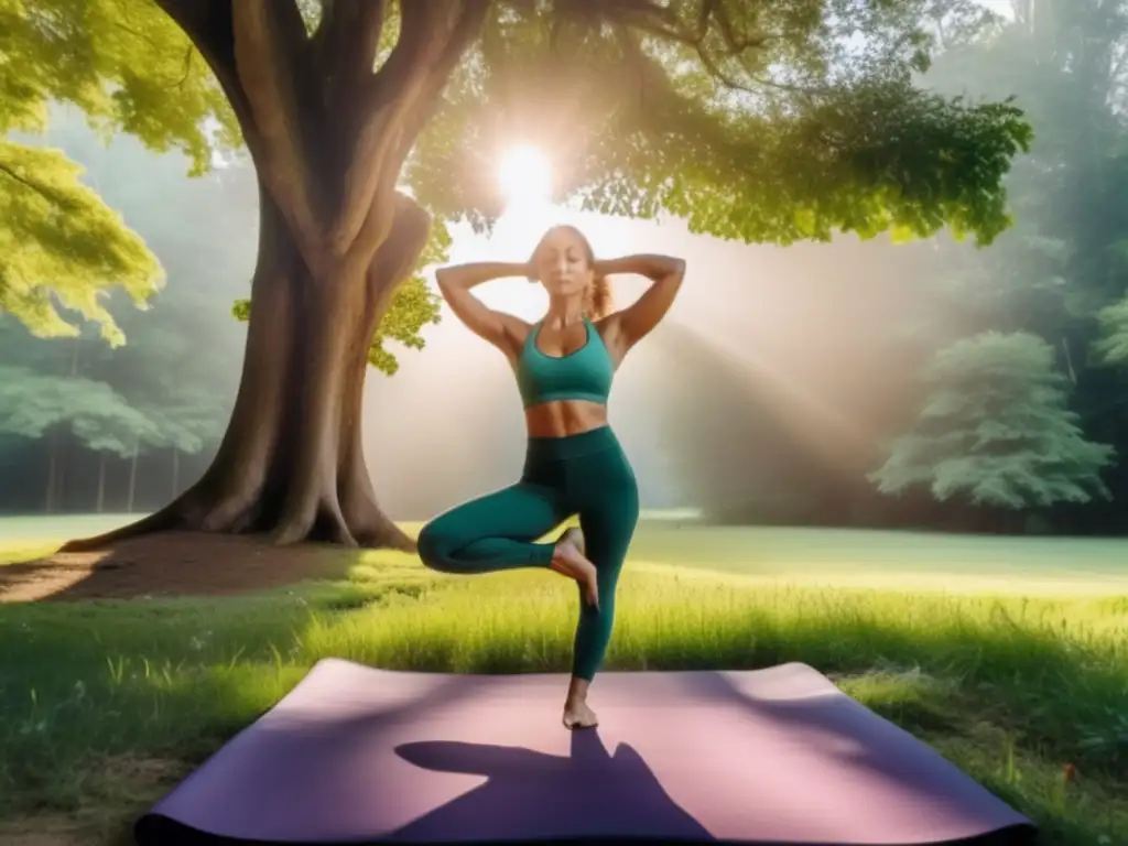 Beneficios del yoga en la naturaleza: Yogi en pose de Guerrero II en un hermoso paisaje verde con montañas al fondo