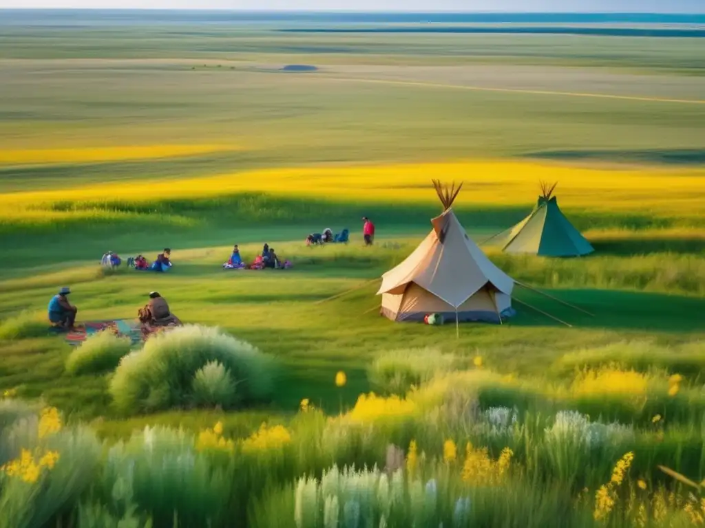 Praderas americanas: belleza natural y cultura indígena Técnicas acampada indígenas praderas americanas - Aérea con vastas praderas, campamento indígena, naturaleza y colores