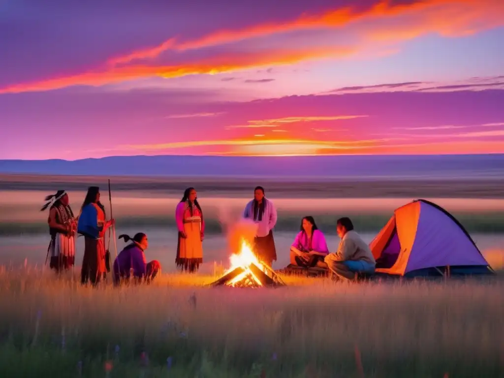 Majestuoso atardecer en las praderas americanas Técnicas acampada indígenas praderas americanas, atardecer vibrante, naturaleza, serenidad, misterio