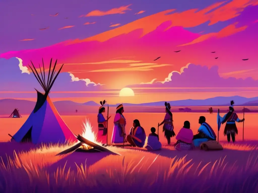 Atardecer en las praderas americanas con campamento indígena Técnicas acampada indígenas praderas americanas: impresionante escena de atardecer en las vastas llanuras americanas, con indígenas en campamento