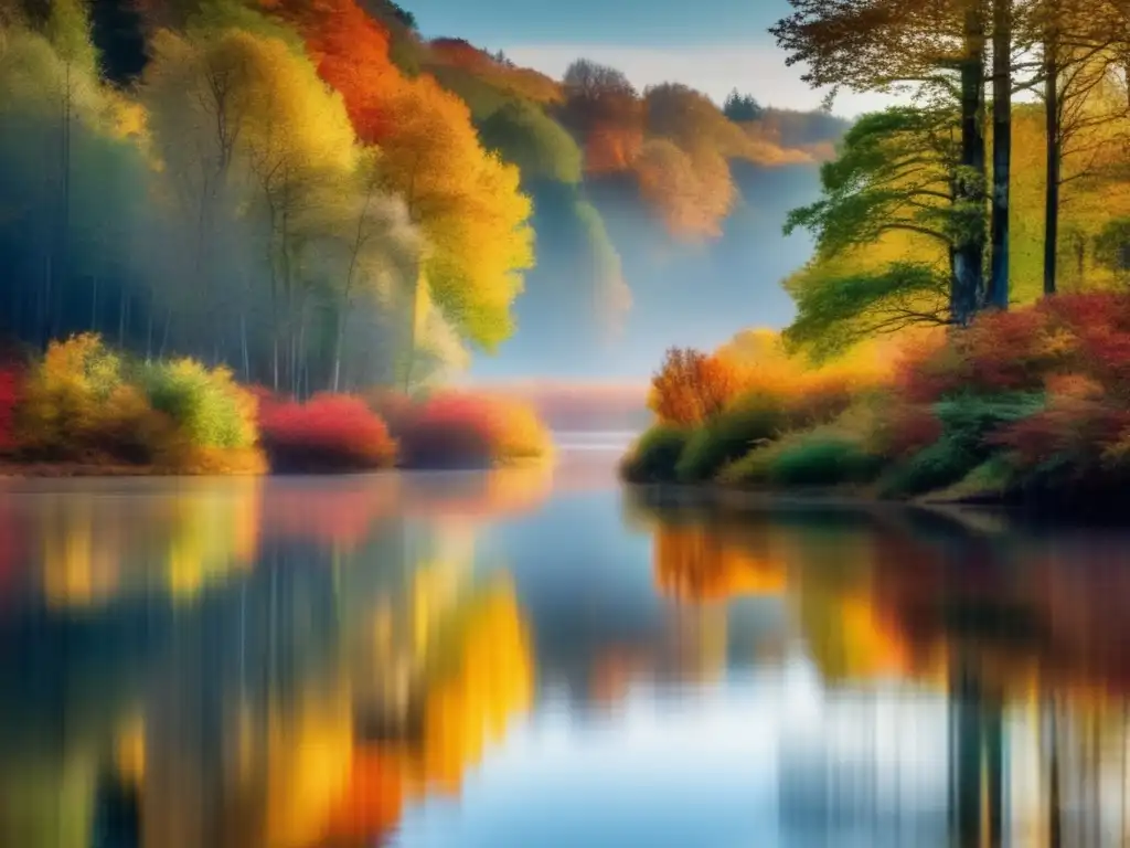 Fotografía naturaleza con reflejos creativos, bosque tranquilo, río sereno, árboles otoñales reflejados