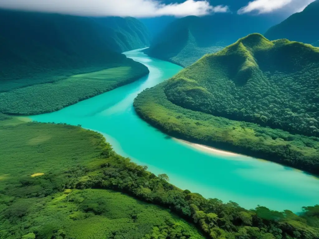 Vista aérea majestuosa del Río de los Sueños Descubriendo el encanto del Río de los Sueños: majestuoso río turquesa serpenteando exuberantes paisajes