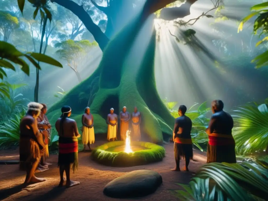Rituales aborígenes en la selva Rituales aborígenes en la naturaleza: danza ceremonial de ancianos adornados, bosque ancestral místico y espiritualidad vibrante