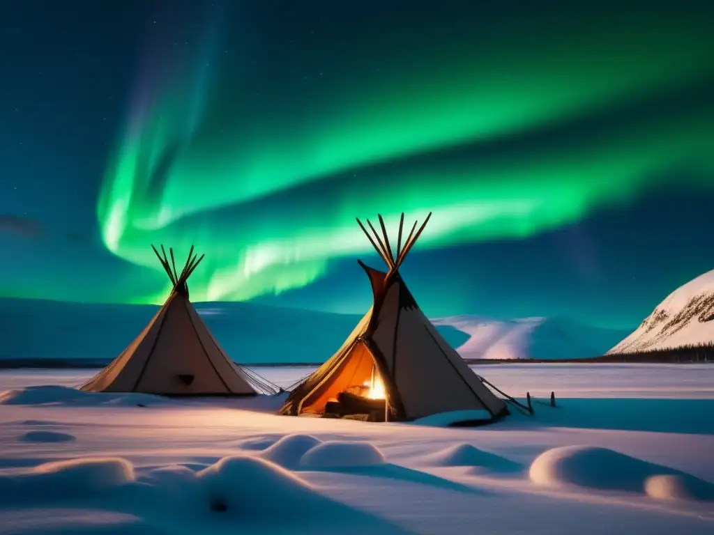 Paisaje ártico y campamento Sami Técnicas de acampada sami en el Ártico: paisaje ártico, aurora boreal, lavvu, Sami, naturaleza salvaje