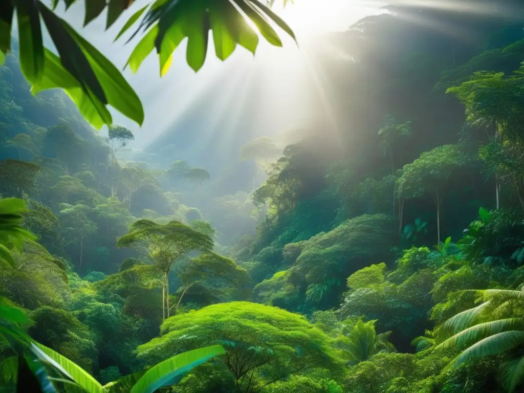 Maravilla natural: Dosel de selva exuberante, vibrante y sin tocar, con luz y sombra, diversidad de especies