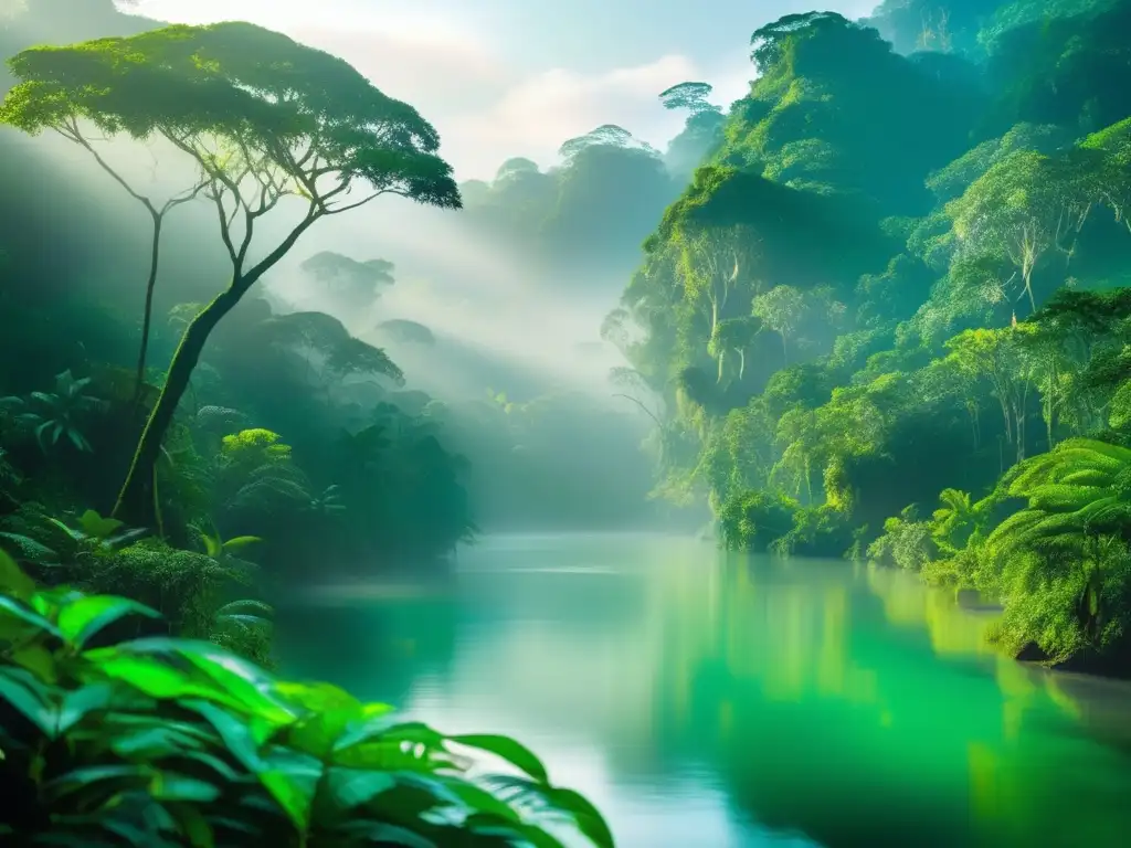 Exuberante selva tropical Imagen: Lush rainforest teeming with life, river reflecting vibrant foliage, evoking indigenous Earth respect legends