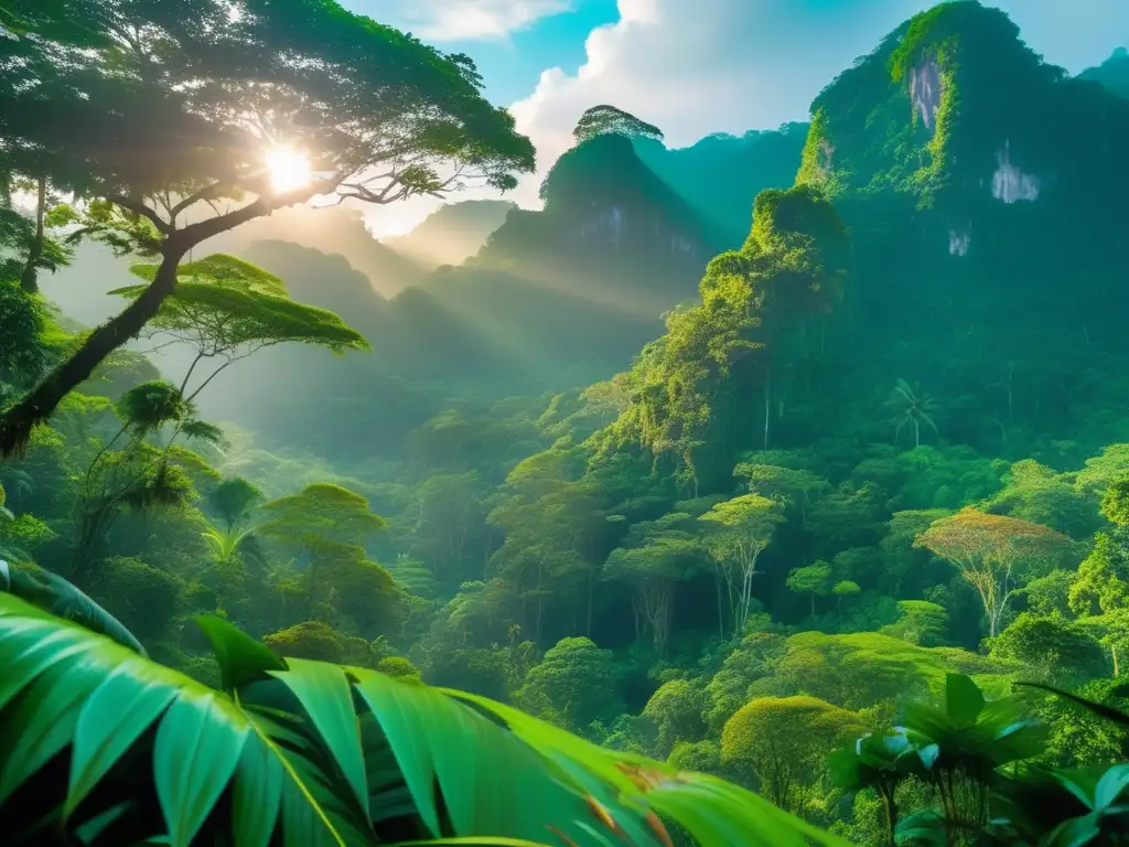 Secretos supervivencia indígenas Borneo: densa jungla verde, cazador indígena preparado con arco y mirada concentrada