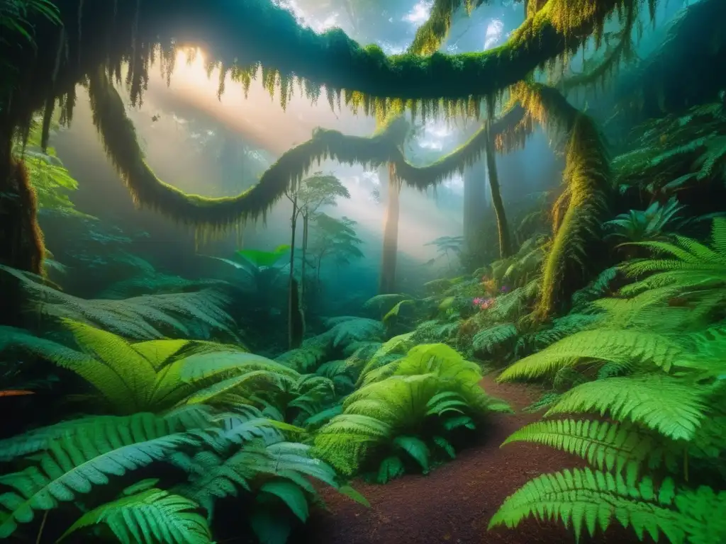 Bosque místico al anochecer Leyendas indígenas sobre respeto a la Tierra: Místico bosque tropical con cascada y fauna diversa
