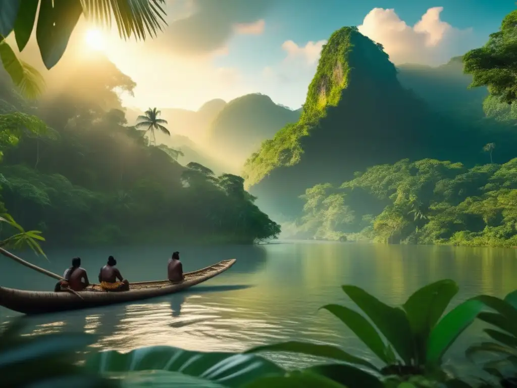 Navegación indígena en selva Técnicas navegación indígenas sin brújula: Escena hipnotizante de navegadores indígenas dominando ríos en selva tropical densa