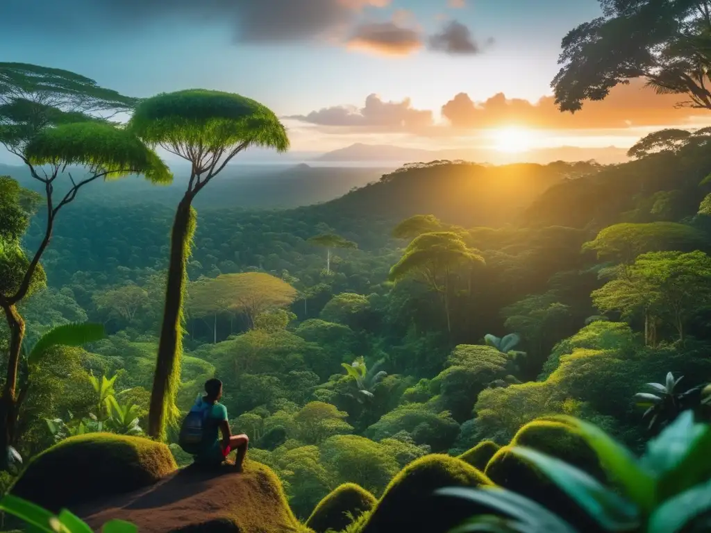 Bosque tropical al atardecer con navegante indígena Técnicas navegación indígenas sin brújula en misterioso bosque tropical al atardecer