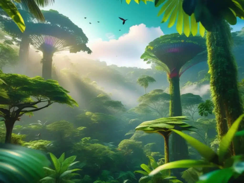 Selva tropical exuberante bañada en luz etérea Una imagen impresionante muestra un exuberante bosque tropical iluminado por una suave luz etérea