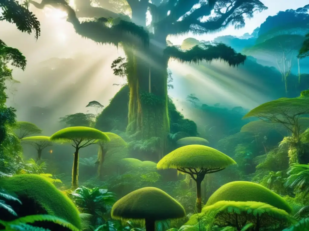Bosque tropical místico al anochecer, indígenas alrededor del fuego Técnicas supervivencia indígenas selva tropical, misterio y naturaleza