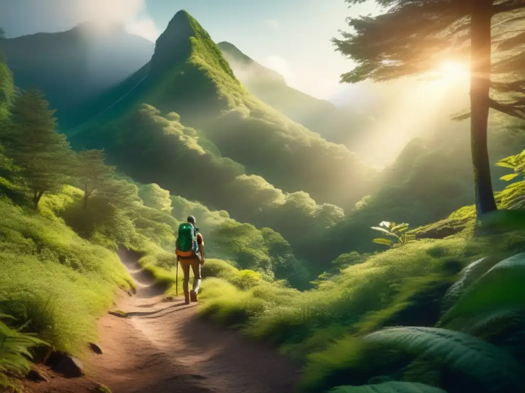 Tendencias indumentaria senderismo: Senderista en camino de montaña neblinoso rodeado de bosques verdes con luz solar filtrada