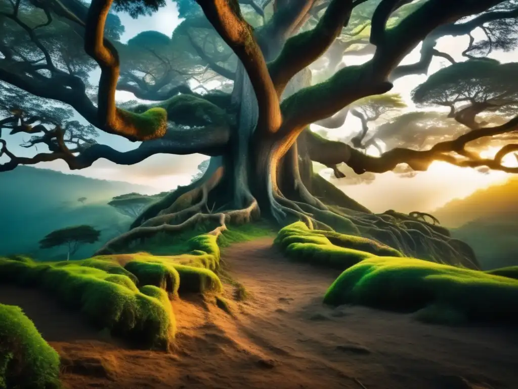 Bosque místico al atardecer Senderismo místico y acampada en la naturaleza, escena mágica de un bosque ancestral al atardecer