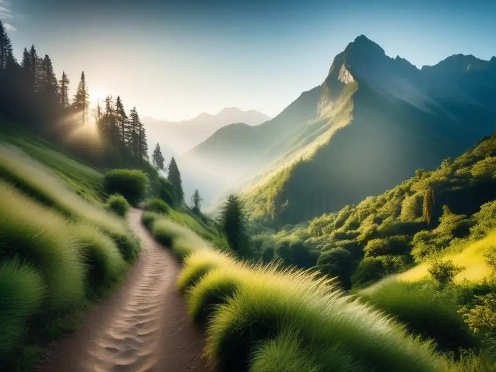 Sendero de montaña rodeado de vegetación exuberante Impacto del senderismo en la reducción del estrés: sendero montañoso rodeado de vegetación exuberante, iluminado por el cálido sol y sombras danzantes