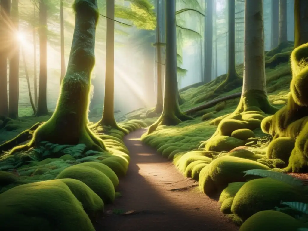 Sendero sereno en el bosque Senderismo ético: sendero boscoso sereno, rayos de sol filtrándose, musgo verde vibrante, árboles impresionantes, arroyo cristalino