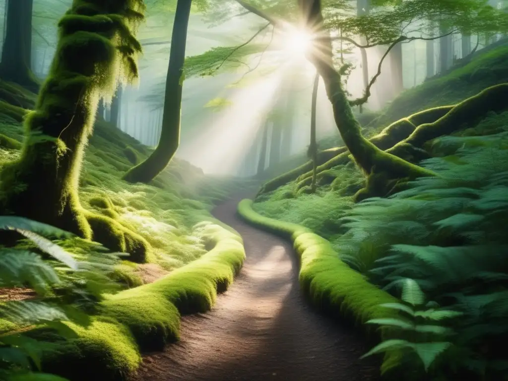 Sendero sereno en un bosque misterioso Senderismo terapéutico en un bosque misterioso con cascada y colores vibrantes