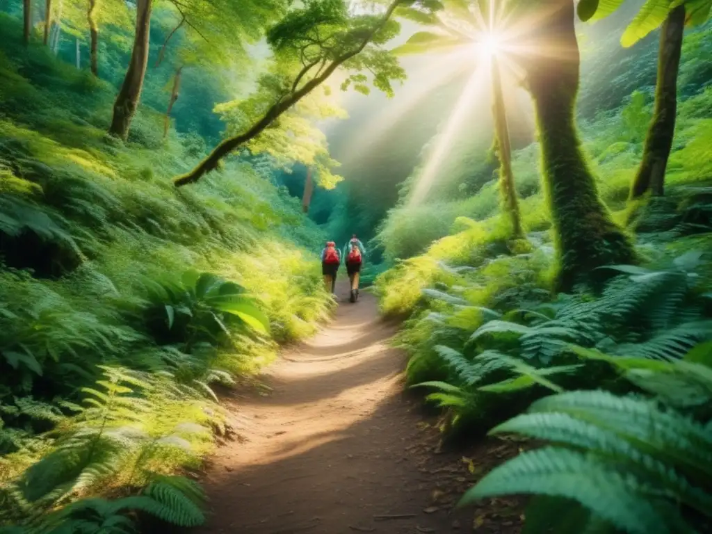 Sendero misterioso en el bosque con plantas comestibles Senderistas disfrutando de paisaje forestal con plantas comestibles: Recetas con plantas comestibles para senderistas
