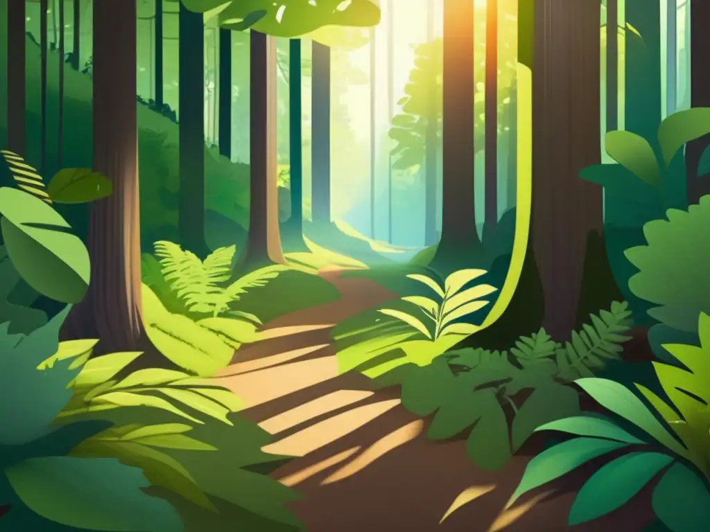 Bosque exuberante con sendero para explorar Reforestación: Senderismo y camping en bosque con árboles altos, sombras y colores vibrantes