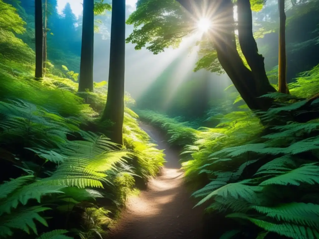 Sendero misterioso en el bosque Impacto del senderismo en la reducción del estrés: Sendero montañoso con vegetación exuberante y árboles altos, envuelto en luz y sombras