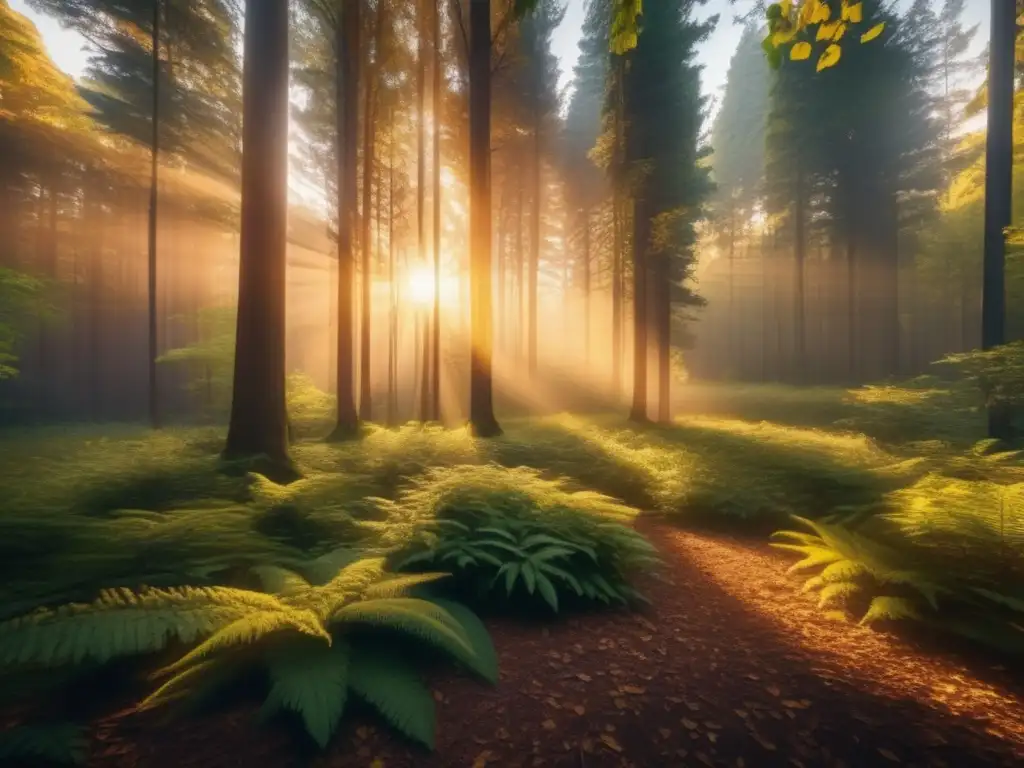 Bosque sereno bañado por la puesta de sol Senderismo terapéutico en bosque sereno al atardecer