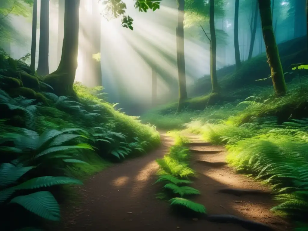 Sendero místico rodeado de vegetación exuberante Senderismo místico, antiguos conectaban naturaleza