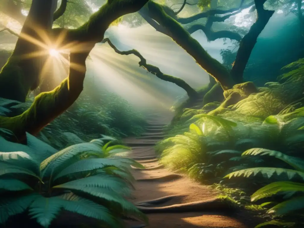 Misterioso sendero de senderismo rodeado de vegetación exuberante Senderismo místico, antiguos conectaban naturaleza