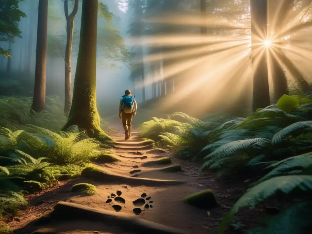 Bosque misterioso: hiker y huellas Lenguaje oculto de la naturaleza: senderismo y observación
