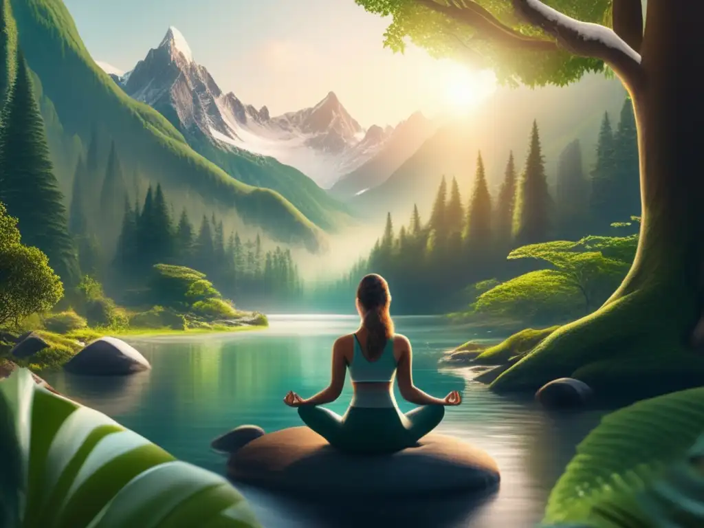 Bosque sereno y montañas nevadas Yoga y meditación en la naturaleza: bosque sereno, montañas nevadas y río cristalino