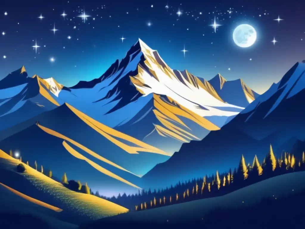 Majestuoso paisaje nocturno de montañas Fotografía nocturna paisajes naturaleza: Majestuoso paisaje montañoso iluminado por la luna, con picos nevados, río serpenteante y cielo estrellado