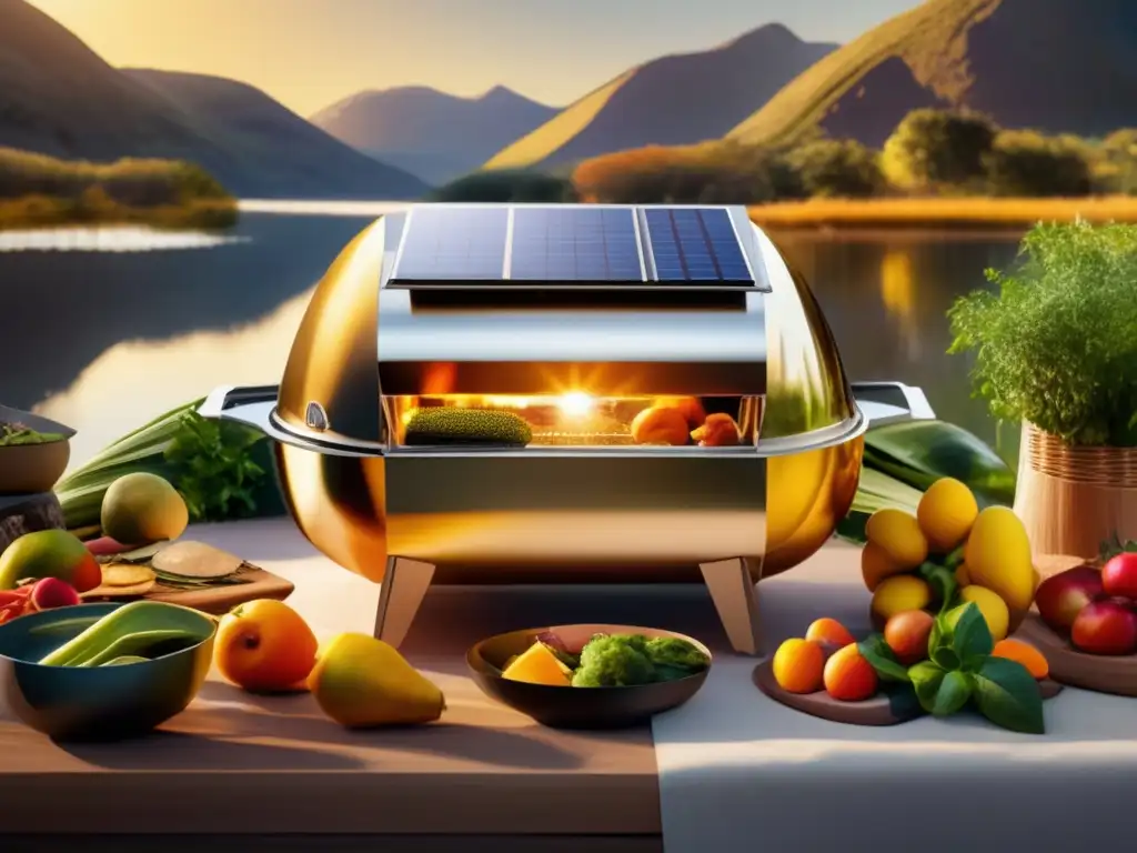Cocina solar sostenible en la naturaleza Cocina solar sostenible para camping en un escenario pintoresco, bañado en luz dorada, rodeada de naturaleza