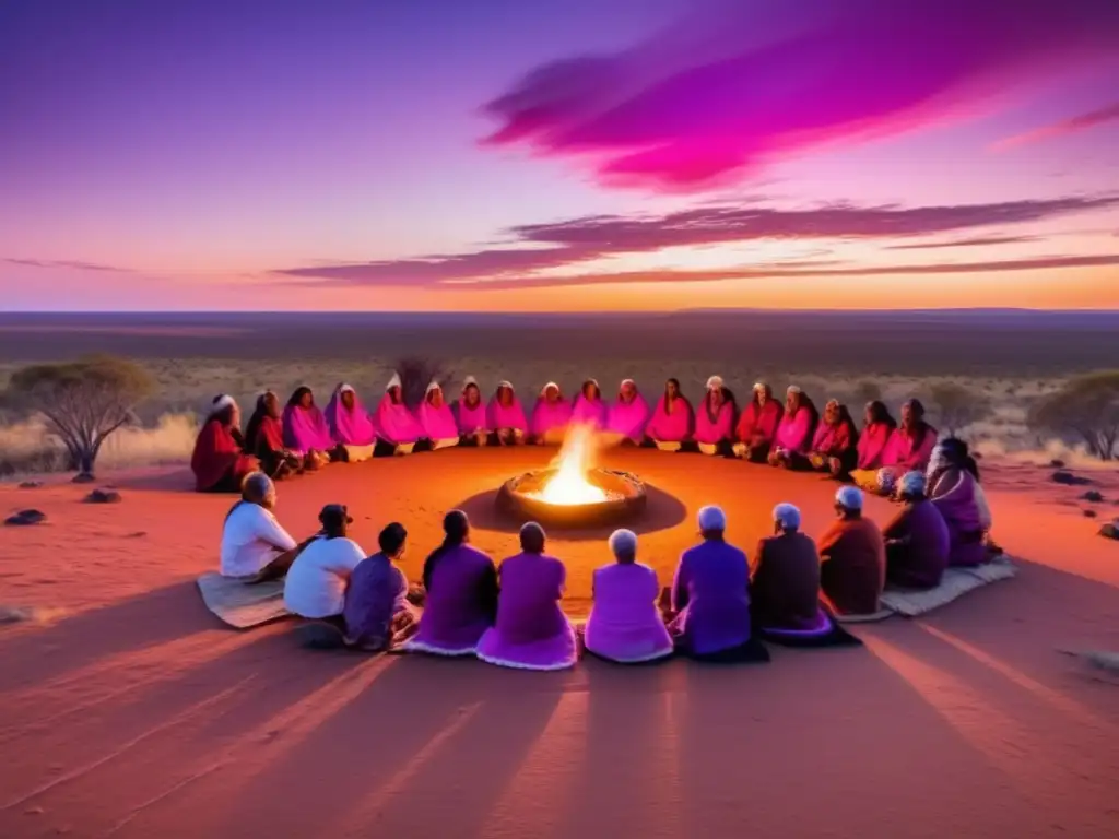 Puesta de sol en el outback australiano con ritual aborigen Rituales aborígenes en la naturaleza: Sunset 8k en el outback, paisaje natural con ancianos ceremoniales, flora y fauna