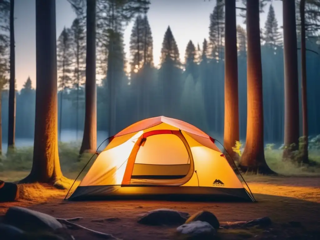 Tienda de campaña moderna iluminada por dentro Historia de accesorios de acampada: moderna tienda de campaña en bosque misterioso