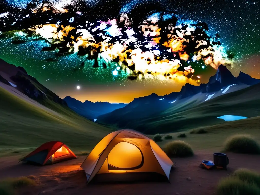 Noche estrellada en valle montañoso Zona de acampada astronómica en valle rodeado de montañas con cielo estrellado y arco de la Vía Láctea