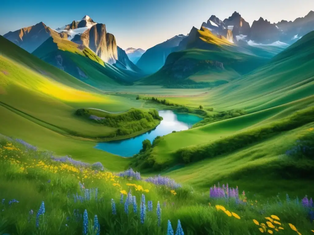 Beneficios yoga en la naturaleza: paisaje sereno y verde con montañas majestuosas, flores vibrantes y persona haciendo yoga