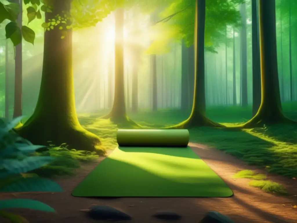 Sereno claro de bosque para yoga Practicar yoga y respiración consciente en la naturaleza: un oasis sereno de árboles altos, luz dorada y colores vibrantes
