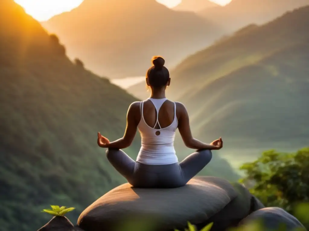 Yoga en las montañas al amanecer Beneficios del yoga en la montaña - Practicante de yoga en equilibrio en un paisaje montañoso al amanecer