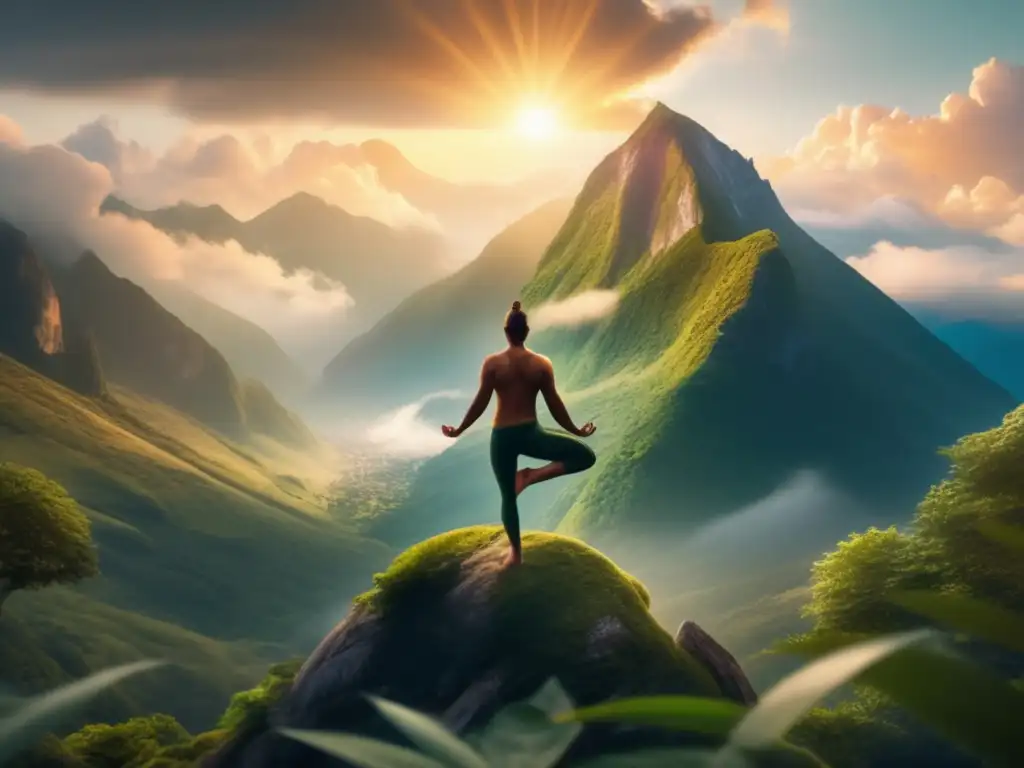 Paisaje montañoso sereno con yogi en pose de árbol Vista impresionante de montaña en 8k, con yogi practicando yoga