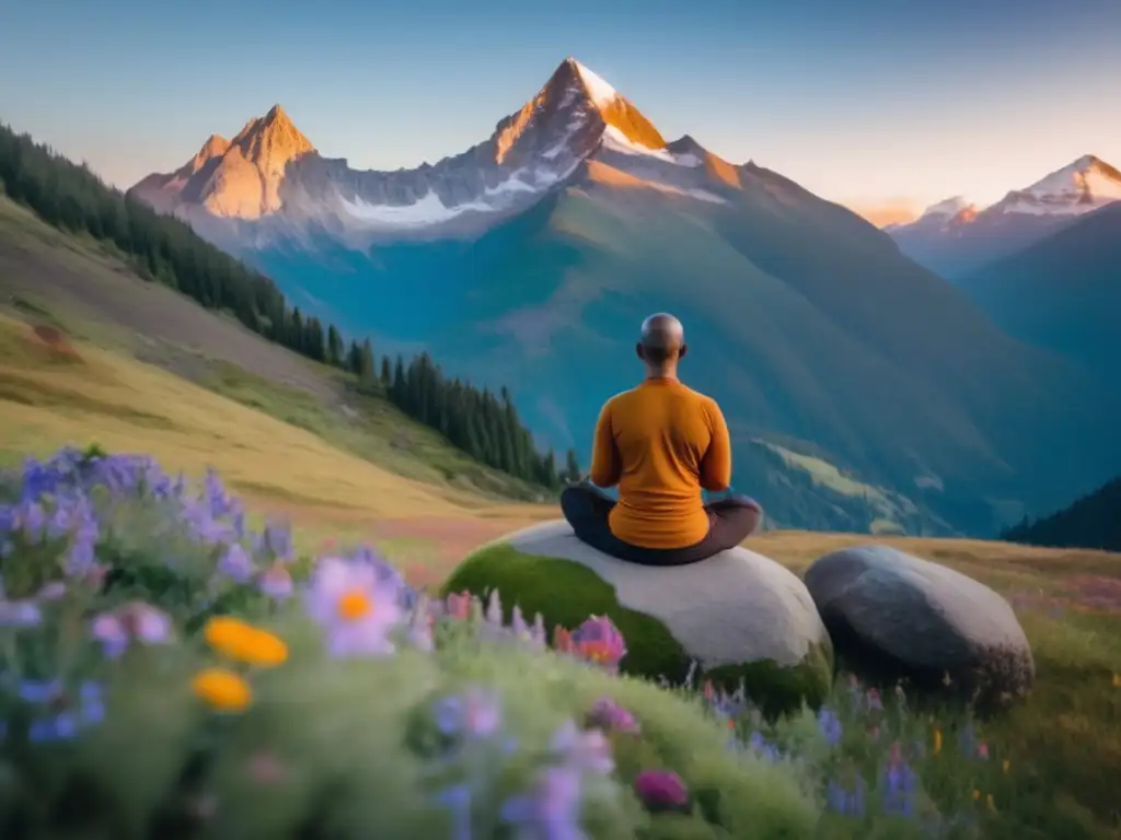 Paisaje montañoso sereno con yogui en meditación Beneficios yoga en montaña, paisaje sereno con yogi en meditación, montañas majestuosas, paz y tranquilidad